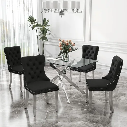 Miniatura 22 de Juego de comedor de 3 piezas con superficie de vidrio transparente, juego de comedor cuadrado minimalista moderno de 36'', juego de mesa de cocina