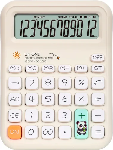 UNIONE Calculadora Panda con LCD brillante, escritorio portátil de doble alimentación. Color. Negocios, oficina, escuela secundaria... (beige)