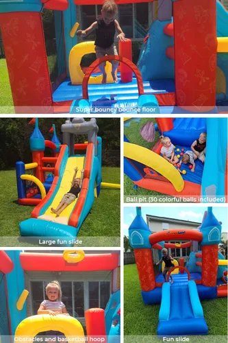 Miniatura 5 de Bounceland Castillo de rebote medieval con tobogán y hoyo de bolas, aro de baloncesto y juego de lanzamiento de pelota incluido, diapositiva larga