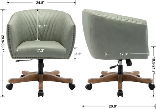 Miniatura 2 de Silla de escritorio de piel sintética verde, silla de escritorio tapizada giratoria con brazo ajustable con cabezas de clavos, cómoda silla