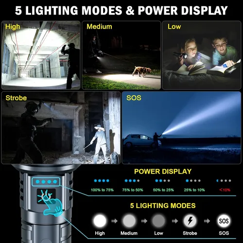 Miniatura 3 de baibian Linternas de alto lúmenes, 100,000 lúmenes, linterna súper brillante, recargable de mano, impermeable, tácticas, linternas LED, 5 modos