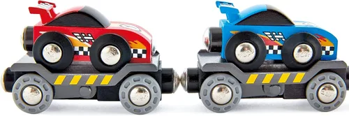 Miniatura 6 de Hape Transportador de autos de carreras Juego de transporte de autos de tren de juguete de madera de seis piezas para niños