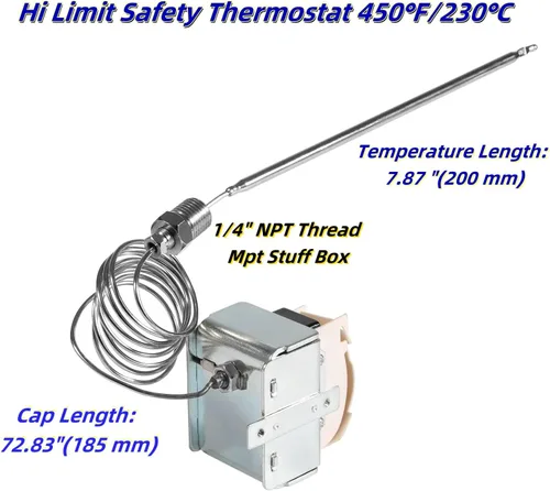 Miniatura 3 de Termostato de interruptor de límite alto PP10084 para freidora Pitco, rosca MPT de 1/4", termostato de seguridad de límite alto de 450°F/449.6 °F