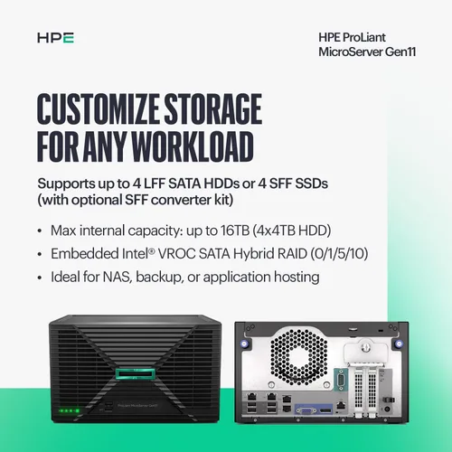 Miniatura 5 de Hewlett Packard Enterprise ProLiant MicroServer Gen11 Tower Server, procesador Intel Pentium Gold G7400, memoria de 16 GB, almacenamiento HDD de 1