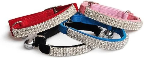 Miniatura 10 de Collar ajustable seguro para gatos CHUKCHI de terciopelo suave Adorno ostentoso de diamante con campanas de 11 pulgadas para perros pequeños y Negro