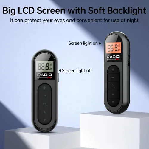 Miniatura 5 de Radio portátil FM, radio de bolsillo recargable con la mejor sintonización digital de recepción, pantalla LCD, clip para cinturón, conector
