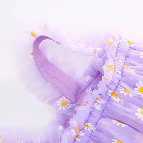 Miniatura 4 de Vestidos casuales de cumpleaños para niñas, vestidos de fiesta floral, margarita, sin mangas, 1-6 años, tul para playa (morado, 5-6 años)