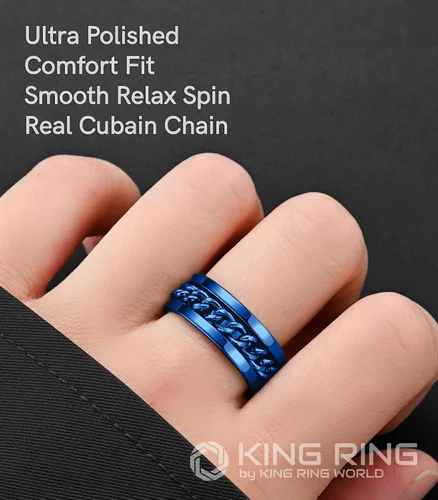 Miniatura 59 de King Ring Anillo giratorio de 0.315 pulgadas, anillo plano pulido fino para hombres y mujeres con cadena cubana, diseñado en Estados Unidos