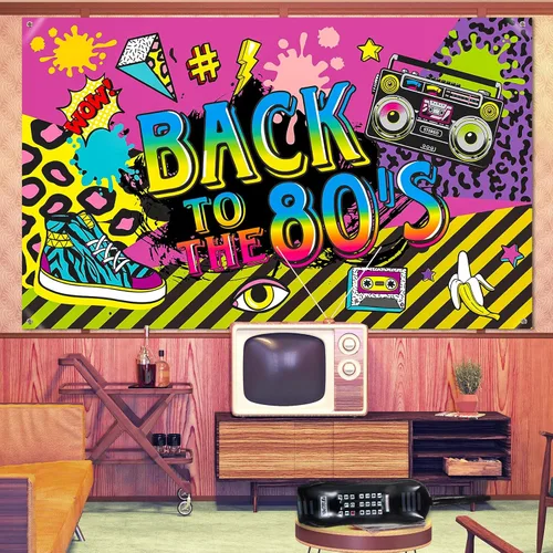 Miniatura 7 de Xuhal Decoraciones de fiesta de los años 80, pancarta de fondo de fiesta de regreso a los 80 con radio inflable Boombox y teléfono móvil, globos