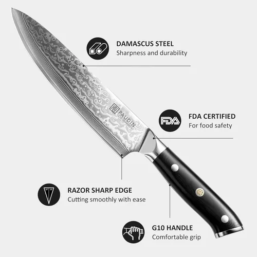 Miniatura 3 de PAUDIN Cuchillo de chef de Damasco, cuchillo de cocina de 8 pulgadas, cuchillo de acero de Damasco de 67 capas, núcleo japonés VG10, cuchillo