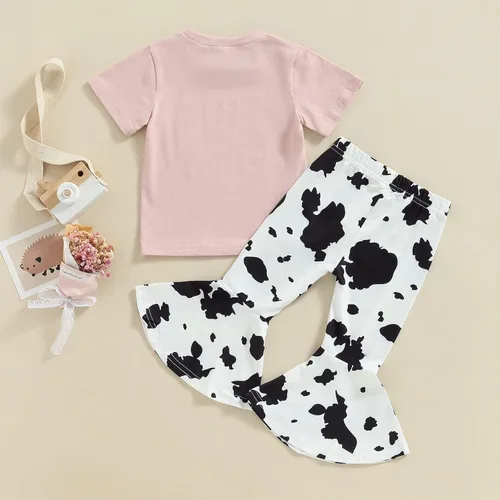 Miniatura 31 de fhutpw Conjunto de camiseta de manga corta con estampado de vaca y pantalones acampanados de dibujos animados para niñas