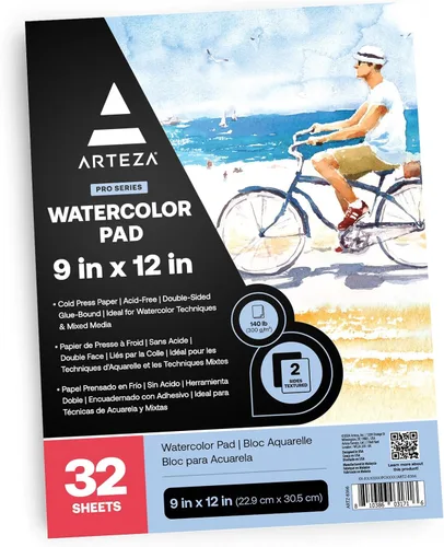 ARTEZA Bloc de papel de acuarela, 32 hojas, 9 x 12 pulgadas, 140 libras / 300 GSM, prensa en frío, papel de arte sin ácidos para acuarela, gouache y