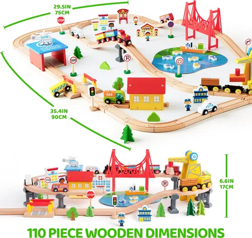 Miniatura 9 de Juego de trenes de madera de 110 piezas - Trenes magnéticos de juguete con pista de madera para niños de 3 a 8 años, set de ferrocarril de escena
