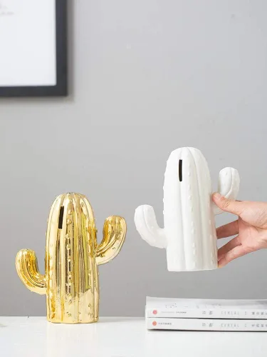 Miniatura 2 de Hucha de cactus de cerámica, regalo de decoración de gabinete de vino para sala de estar en el hogar. Dorado