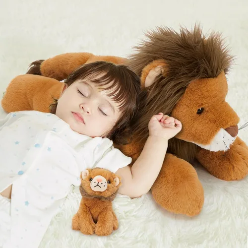 Miniatura 5 de MaoGoLan Juego de 4 peluches de león de 19.6 pulgadas con 3 bebés en ella con cremallera trasera, regalos encantadores para niños, adecuado