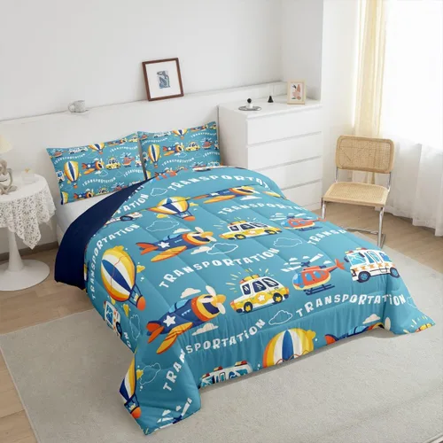 Miniatura 2 de Erosebridal Juego de edredón de coches tamaño individual para niños y niños, juegos de edredón de helicóptero de avión, ropa de cama de globo