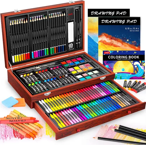Caliart Suministros de arte, paquete de 153 piezas de arte de lujo en estuche de madera, kits de pintura de dibujo para manualidades con 2 blocs de
