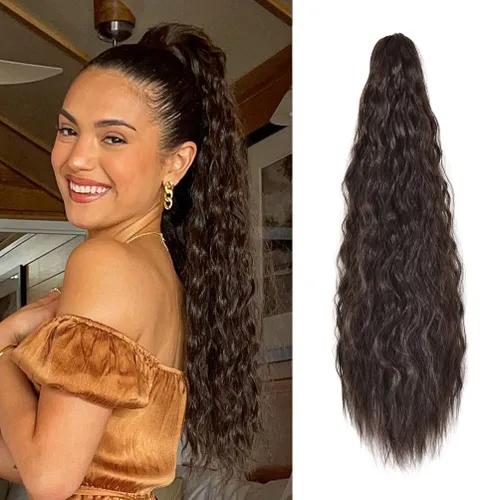 Miniatura 13 de YEAME Extensión de cola de caballo ondulada con clip de garra, cola de caballo de 22 pulgadas, pelo sintético castaño mezclado con rubio, cola