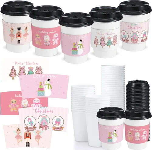 Yungyan Paquete de 50 tazas de café desechables de Navidad de 12 onzas con tapas y mangas, tazas de chocolate caliente de papel, suministros de