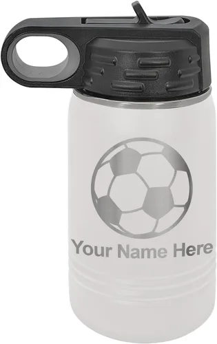 Miniatura 13 de LaserGram Botella de agua personalizada, pelota de fútbol, acero inoxidable de doble pared aislada al vacío con popote superior, regalo grabado