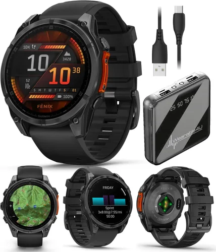 Miniatura 26 de Garmin Fenix 8 – 2 pulgadas, reloj inteligente multideporte GPS AMOLED, zafiro, titanio con banda de silicona naranja brillante/grafito, linterna