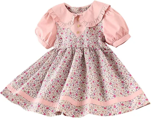 Vestido corto y manga corta de algodón para bebé niña pequeña, vestido vintage con estampado floral, ribete de encaje