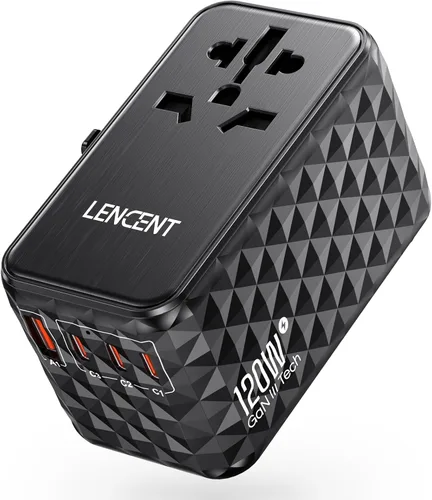 LENCENT Adaptador de viaje universal de 120 W, adaptador de viaje internacional GaN con 3 puertos USB-C 1 USB-A, cargador rápido mundial para Negro