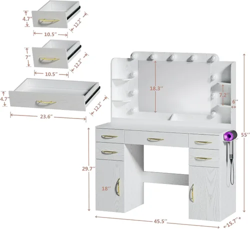 Miniatura 2 de Escritorio de tocador de 45.5 pulgadas con espejo y luces, tocador de maquillaje con luces, 3 ajustes de modelos y toma de corriente, escritorio