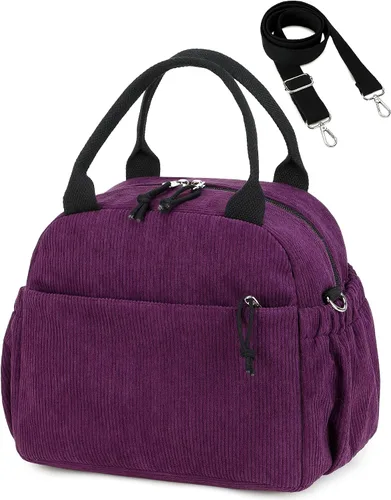 Miniatura 19 de Bluboon Bolsa de almuerzo para mujer, bonita bolsa de almuerzo de pana con correa para el hombro, reutilizable, aislada, gran capacidad