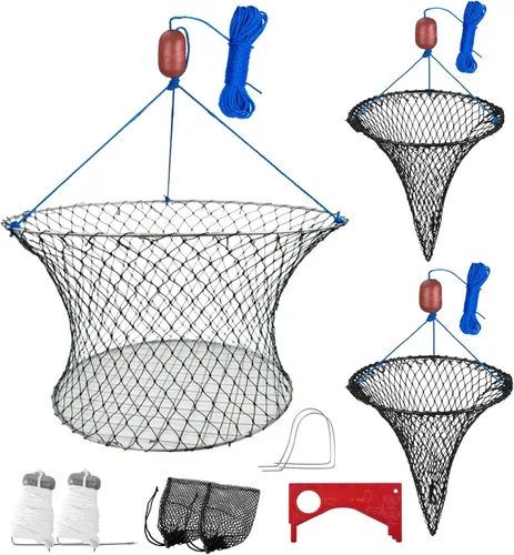 Miniatura 8 de Trampa para cangrejos de doble anillo, red de cangrejo de anillo de acero, parte superior de 24 pulgadas, parte inferior de 20 pulgadas, cuerda
