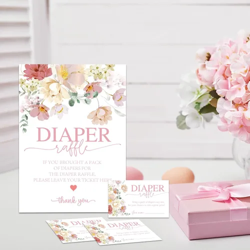 Miniatura 3 de Juego de rifas de pañales florales para baby shower, flores de acuarela, 1 letrero de pie y 50 boletos de raftel de pañales, anuncio de bebé