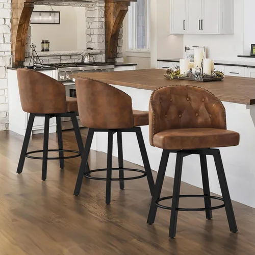 Miniatura 13 de Cozyman Taburetes de bar retro de altura de mostrador con respaldo, asientos tapizados de piel sintética giratoria de 26 pulgadas, patas de metal