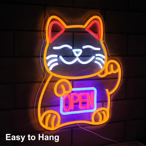 Miniatura 2 de Letrero de neón de gato de la suerte, letreros LED abiertos para decoración de habitación japonesa, luz de neón de gato de la fortuna regulable