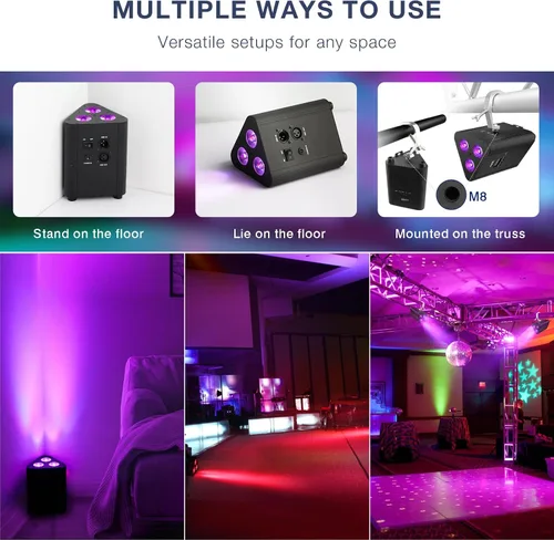 Miniatura 5 de Luces Par de escenario alimentadas por batería, LED 4 en 1 RGBW a todo color, 6 horas de funcionamiento a todo color, control remoto y DMX - Luces