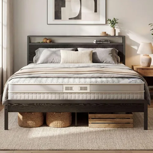 Miniatura 12 de LIKIMIO Marco de Cama King con Cabecero, Marco de Cama King de Madera Oscura con Soportes Fuertes, Resistente, Sin Ruido, No Necesita Somier, Nogal
