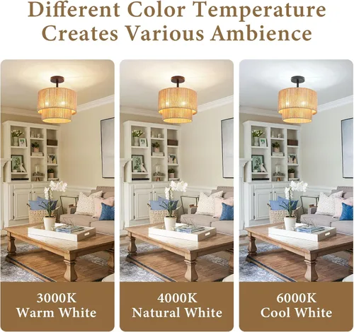 Miniatura 6 de 12.6" Boho Light Fixtures Ceiling Mount, Coastal Hemp Rope Semi Flush Mount Ceiling Light,3-Light Rustic Rattan Ceiling Light With 2-Tier Drum Shade