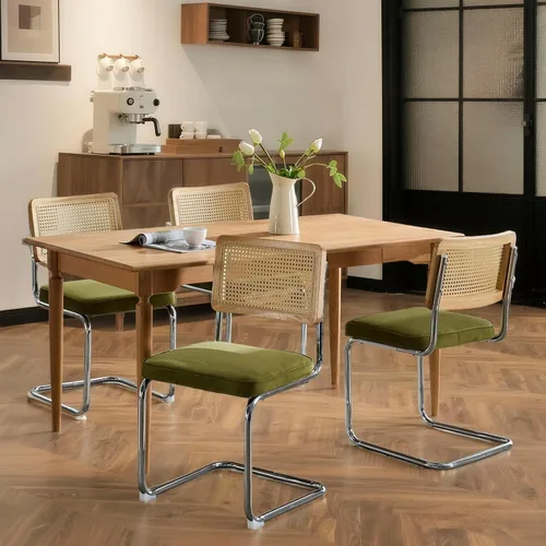Juego de 4 sillas de comedor de terciopelo tejidas a mano con respaldo de ratán y base cromada, silla de cocina de mediados de siglo, para comedor,