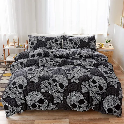 Miniatura 2 de LAMEJOR Juego de funda de edredón tamaño individual, decoración de Halloween, esqueleto de calavera negra, estampado floral, lujoso, suave, funda