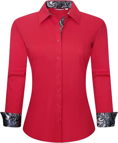 Miniatura 10 de WARHORSEE Blusas de vestir de manga larga con botones de algodón para mujer, blusas de trabajo elegantes de fácil cuidado, blusas casuales