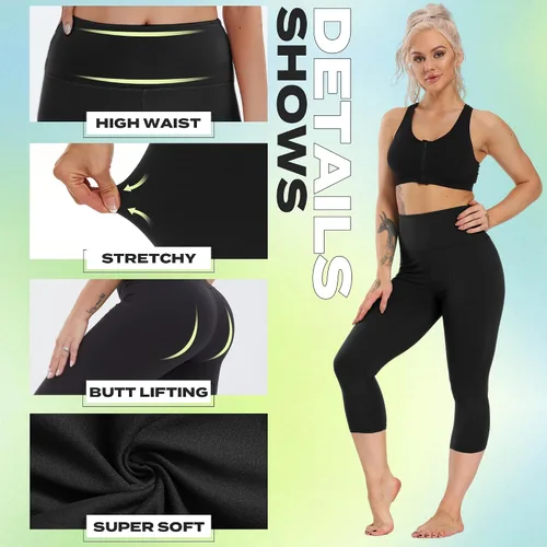 Miniatura 20 de NexiEpoch - Paquete de 4 leggings suaves para mujer, con bolsillos, control de abdomen y cintura alta, pantalones capri para yoga y ejercicio