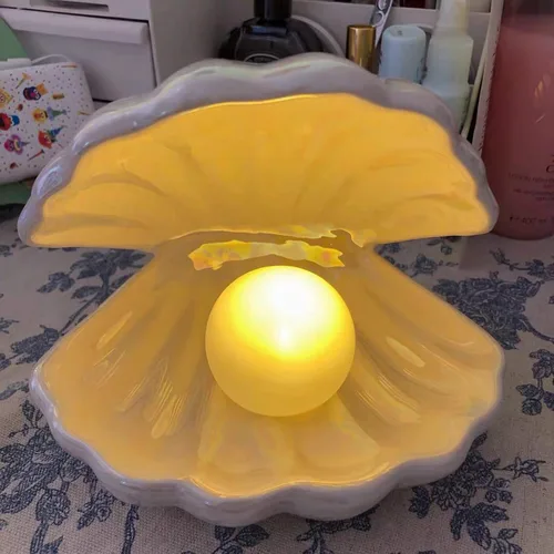Miniatura 2 de Lámpara Led de cerámica de concha de perla BinaryABC Luz de noche portátil Luz de mesa de la tabla, Regalo de Navidad (Blanco)