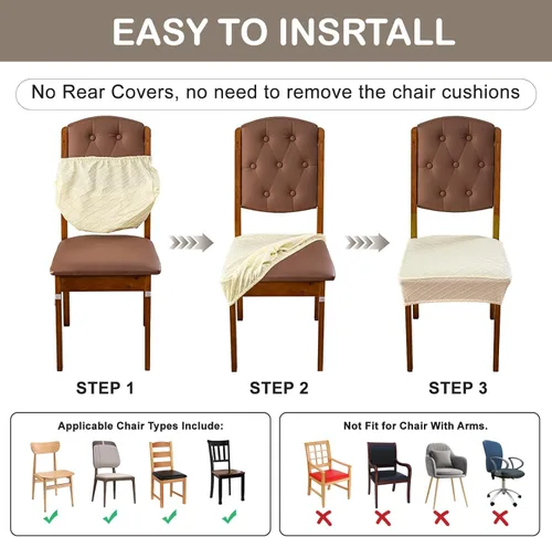 Miniatura 6 de Genina Juego de 2 fundas impermeables para sillas de comedor, fundas elásticas de jacquard extraíbles y lavables, sin fundas traseras, color beige