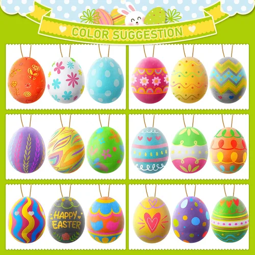 Miniatura 3 de Kit de pintura de huevos coloridos de Pascua, huevos flocados pintables con kit de garabatos para diseño de bricolaje, huevos flocados colgantes