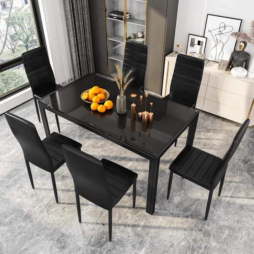 Miniatura 8 de Hooseng Juego de mesa de comedor para 6, mesa de cocina de vidrio templado con 6 sillas de piel sintética, juegos de comedor de 7 piezas