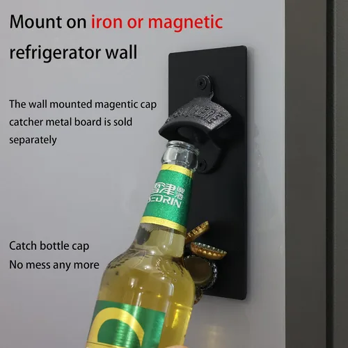 Miniatura 4 de Abridor de botellas de hierro fundido negro montado en la pared, abridor de tapas de cerveza abierto aquí (paquete de 4)