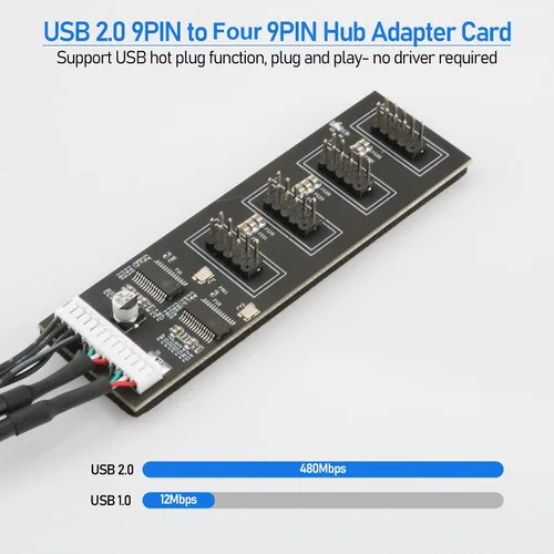 Miniatura 4 de Divisor de cabecera USB de 9 pines con cable de alimentación SATA, cable divisor USB 2.0 de 9 pines, USB macho 1 a 4 hembra, conector de extensión