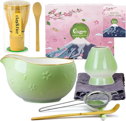 Miniatura 24 de Clay&Fire Juego de batidor de matcha, juego de matcha de cerámica, cuenco de matcha con asa y batidor, juego de té matcha de 9 piezas para amantes