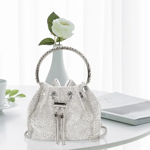 Miniatura 4 de QZUnique Bolso de cubo de diamantes de imitaciónlentejuelas con conjunto de joyas para mujer, bolso de noche plateado brillante con purpurina