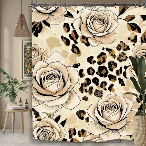 Miniatura 2 de Cortina de ducha de baño con diseño de flores de leopardo y rosas, 60 pulgadas de ancho por 71 pulgadas de alto, color marrón, marrón, marrón