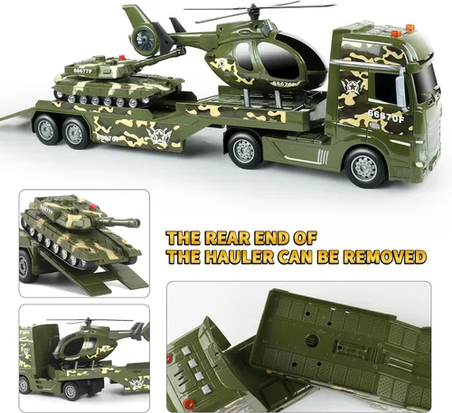 Miniatura 2 de Dwi Dowellin Camiones de Juguete Militares Grandes Verdes, Camión Semi de Juguete de 25.6" con Helicópteros y Tanque, Juguetes del Ejército